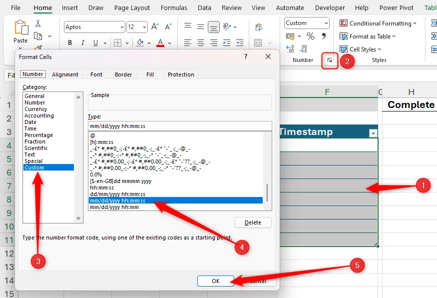 Chọn định dạng ngày-giờ tùy chỉnh cho cột Timestamp trong Format Cells