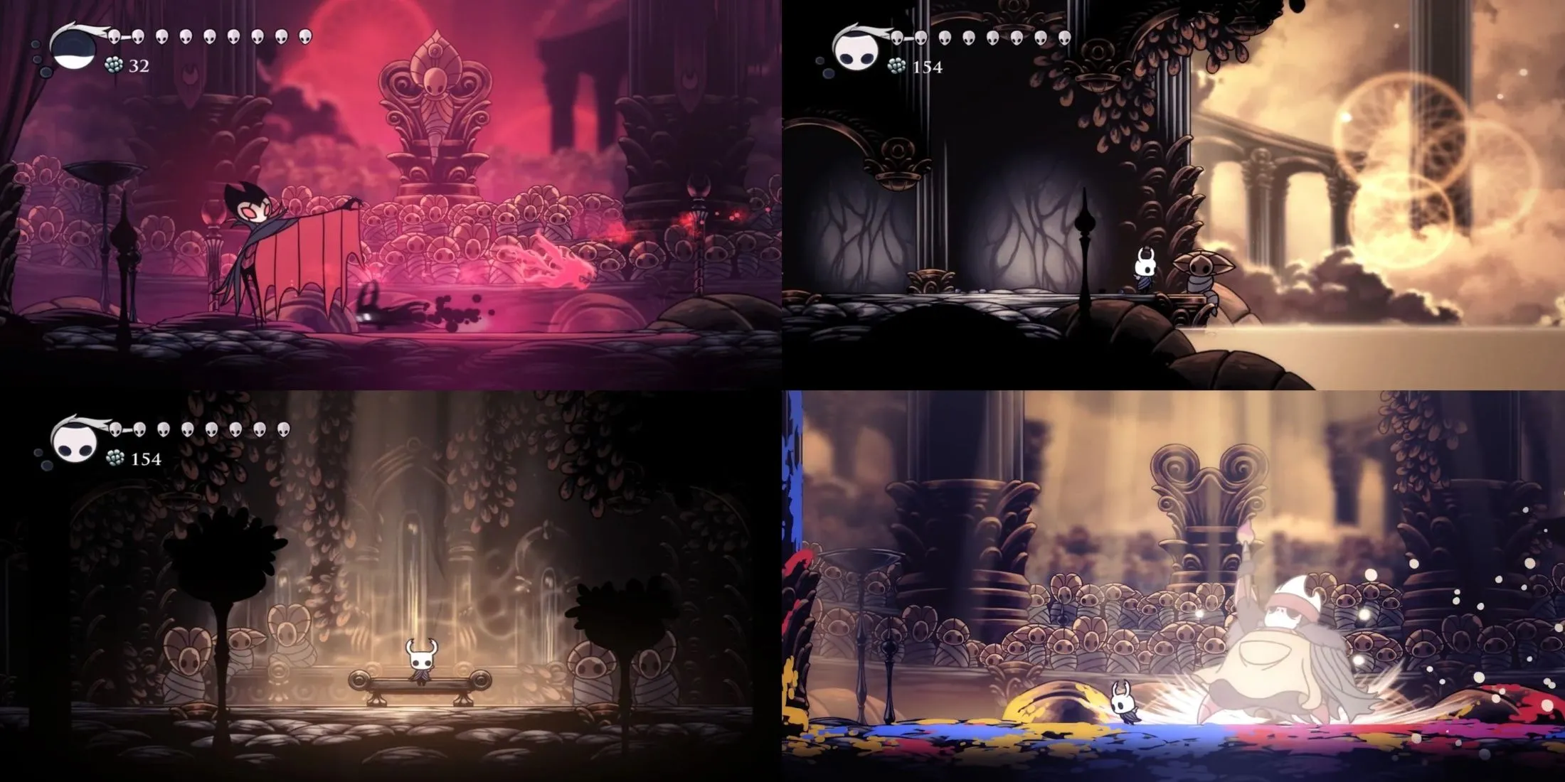 Collage gameplay Hollow Knight — minh họa build và thử thách trong game