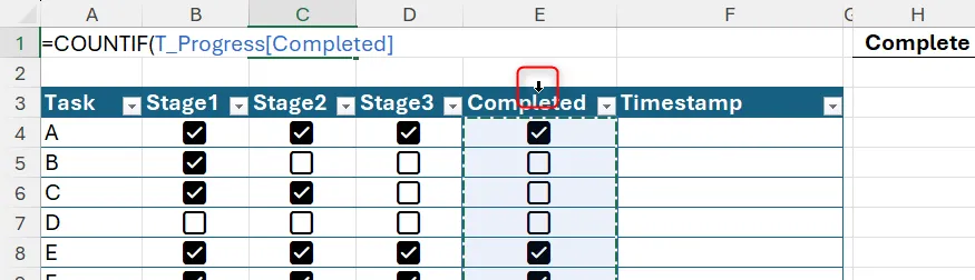 Công thức COUNTIF dùng structured reference để đếm ô Completed trả về TRUE