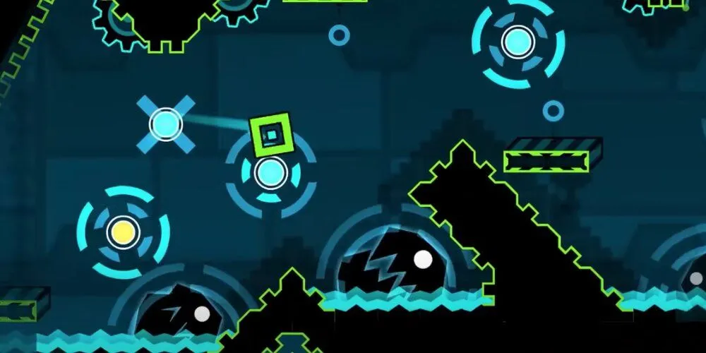 Cube mặc đồ nhảy trong Geometry Dash, minh họa level chạy và nhạc nền
