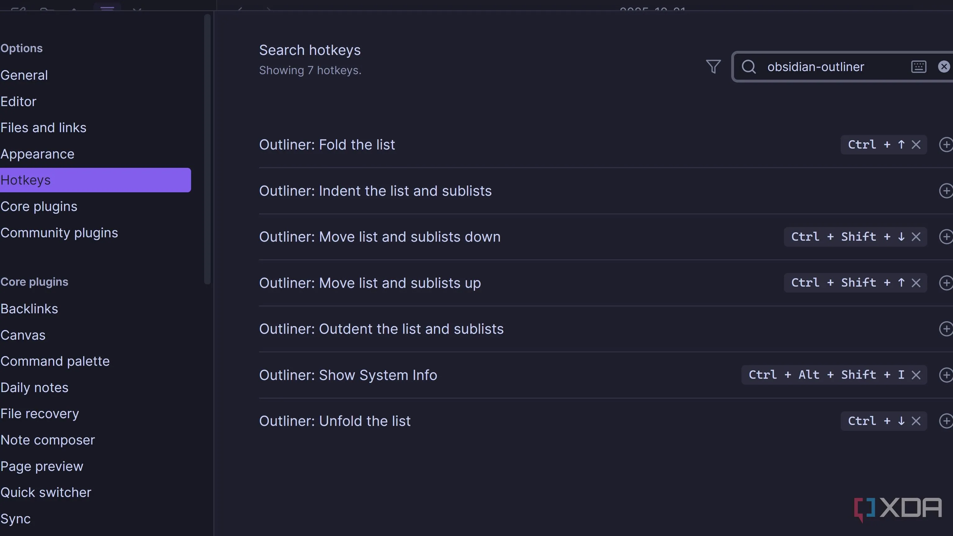Danh sách các phím tắt Outliner hiển thị các tổ hợp phím để di chuyển và thụt mục trong Obsidian