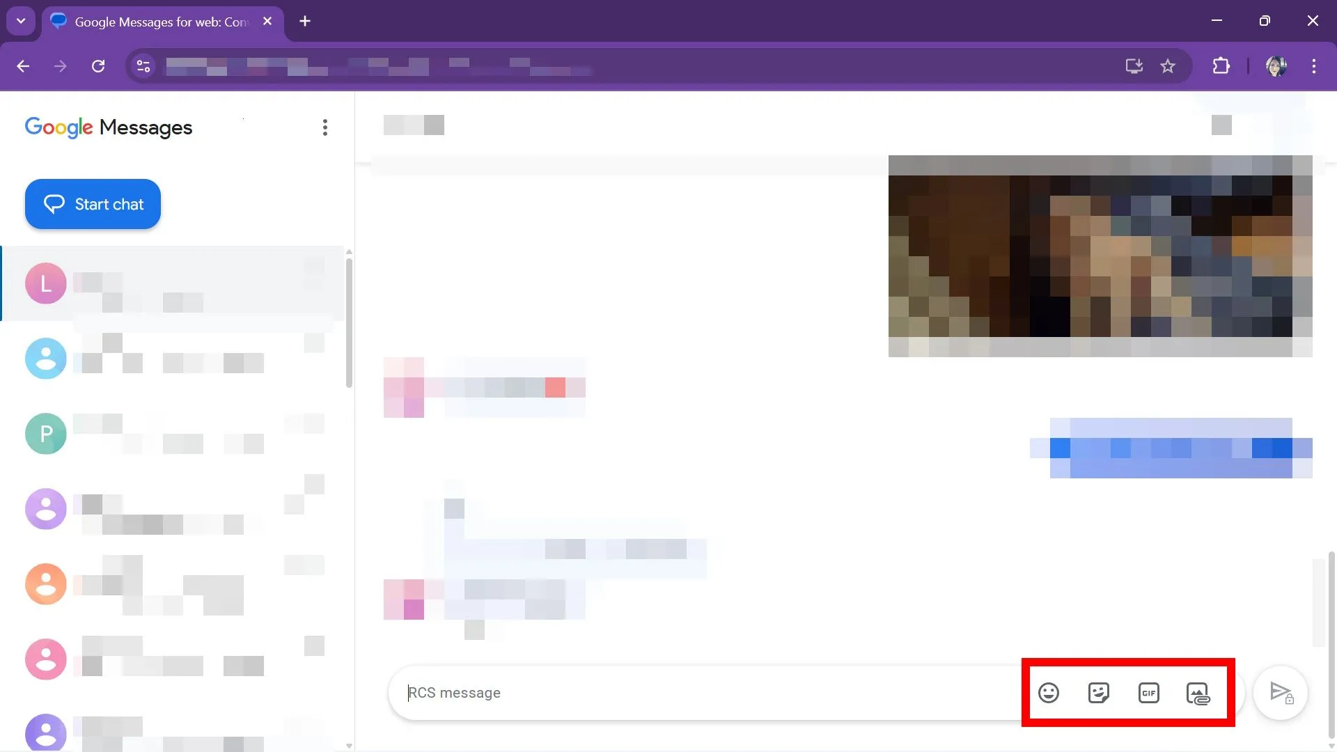 Danh sách tùy chọn trong một cuộc hội thoại trên Google Messages web, hiển thị các hành động như ghim, báo cáo spam
