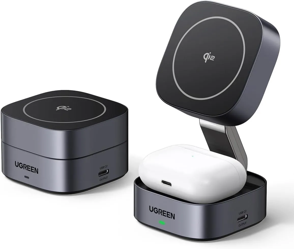 Đế sạc gập Ugreen Qi2, tiện làm giá đỡ khi dùng bàn phím rời cho iPhone.