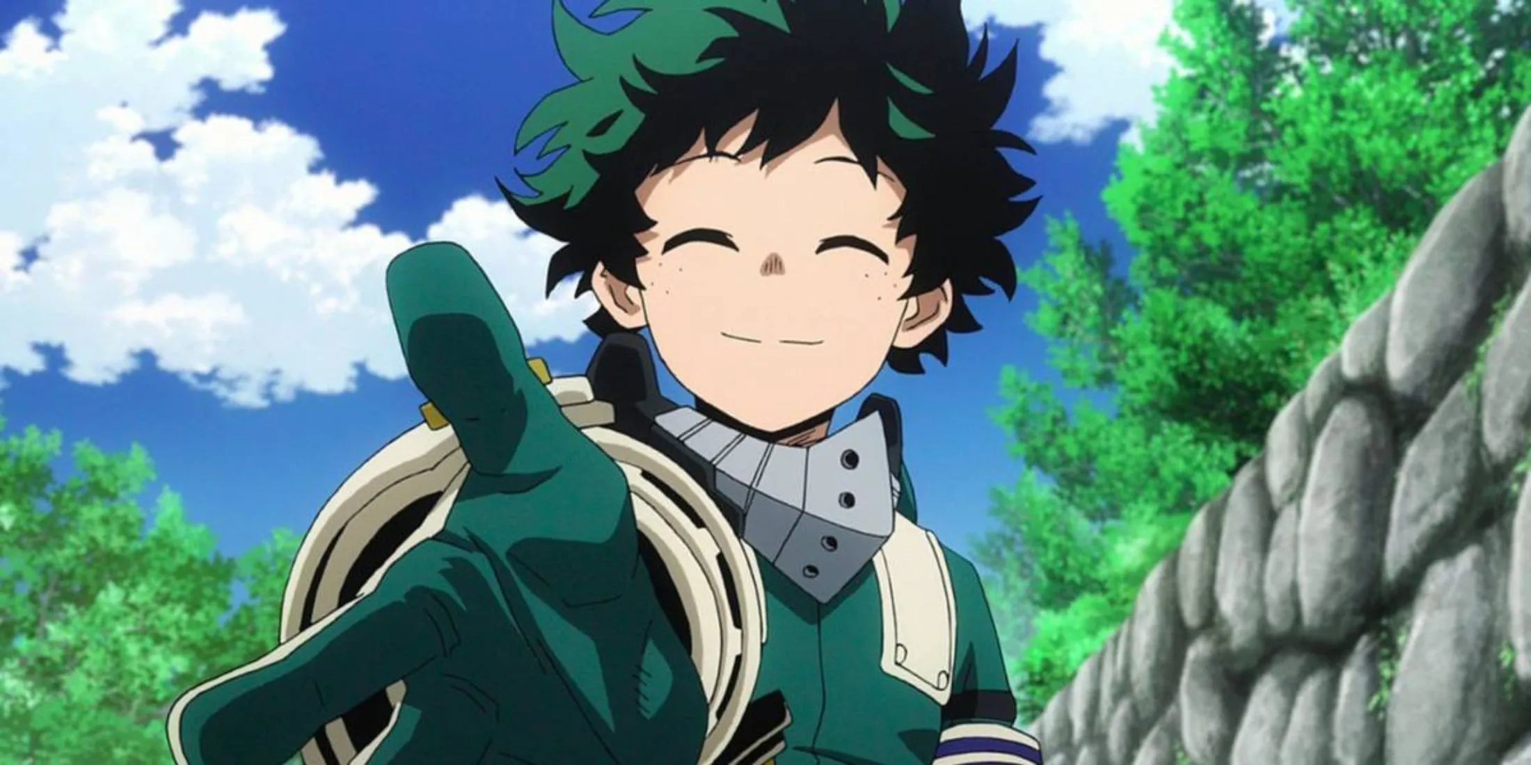 Deku mở rộng tay với nụ cười — hình tượng hi vọng và kết nối