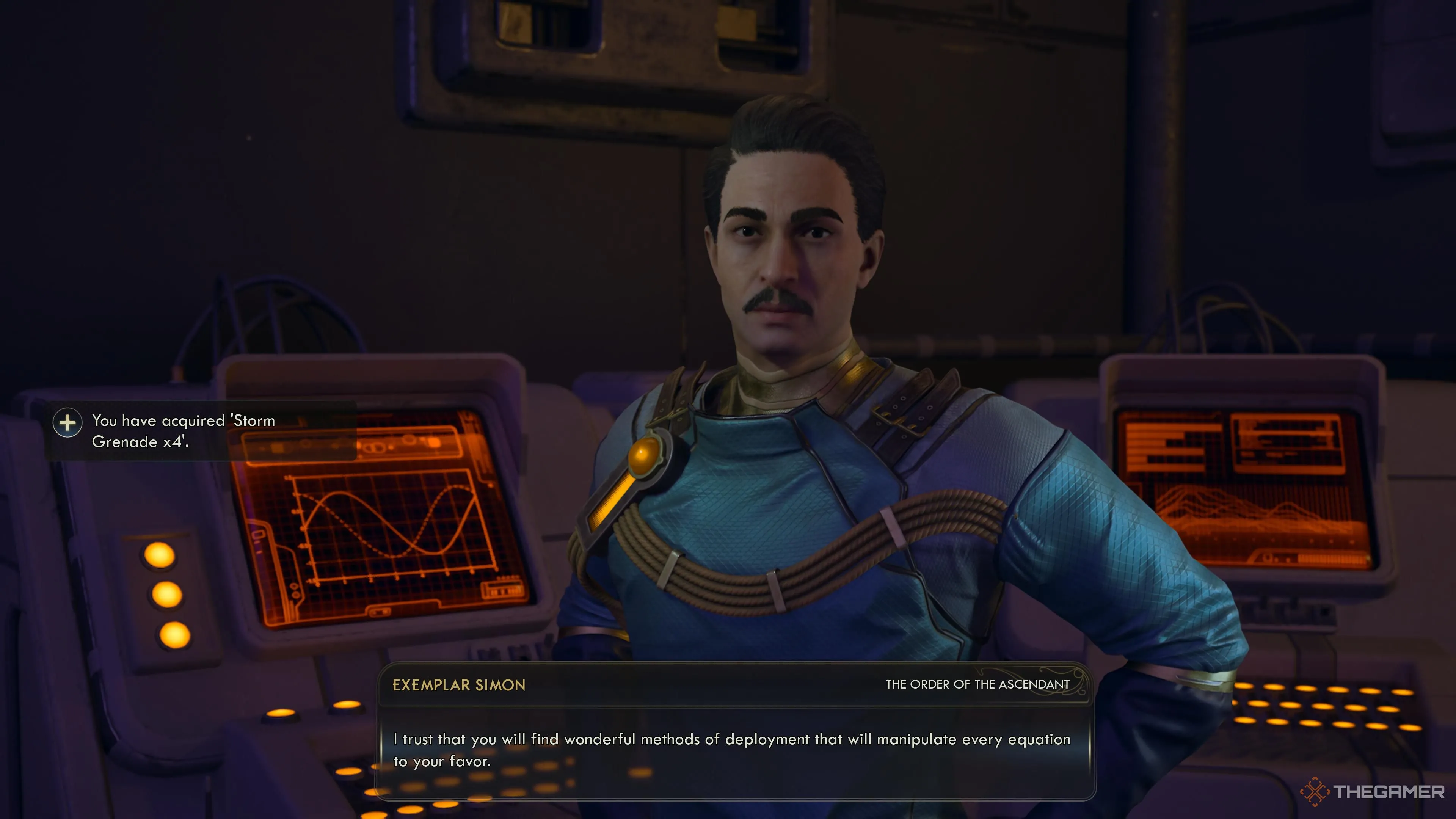 Exemplar Simon trao công thức Storm Grenade cho người chơi trong The Outer Worlds 2.
