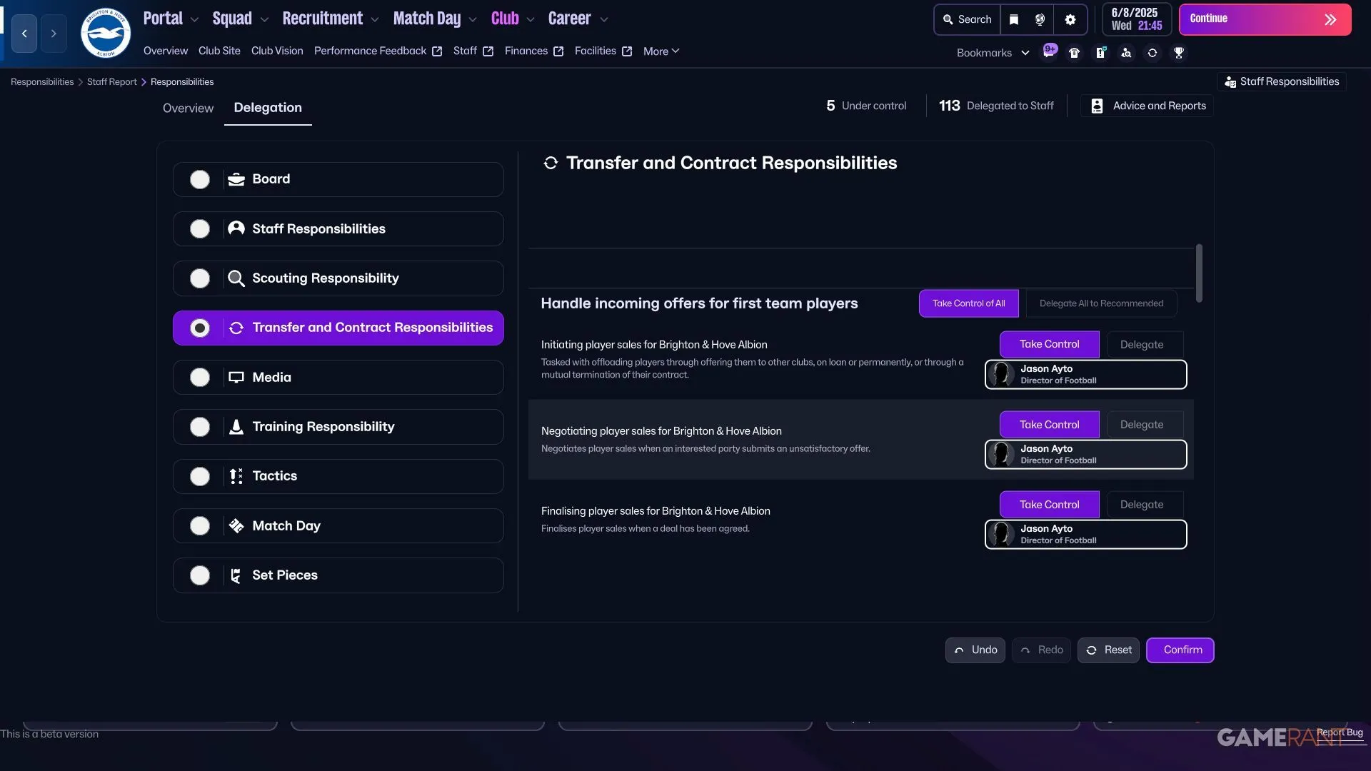 FM26 giao nhiệm vụ chuyển nhượng và tuyển mộ giữa Trợ lý và Giám đốc bóng đá