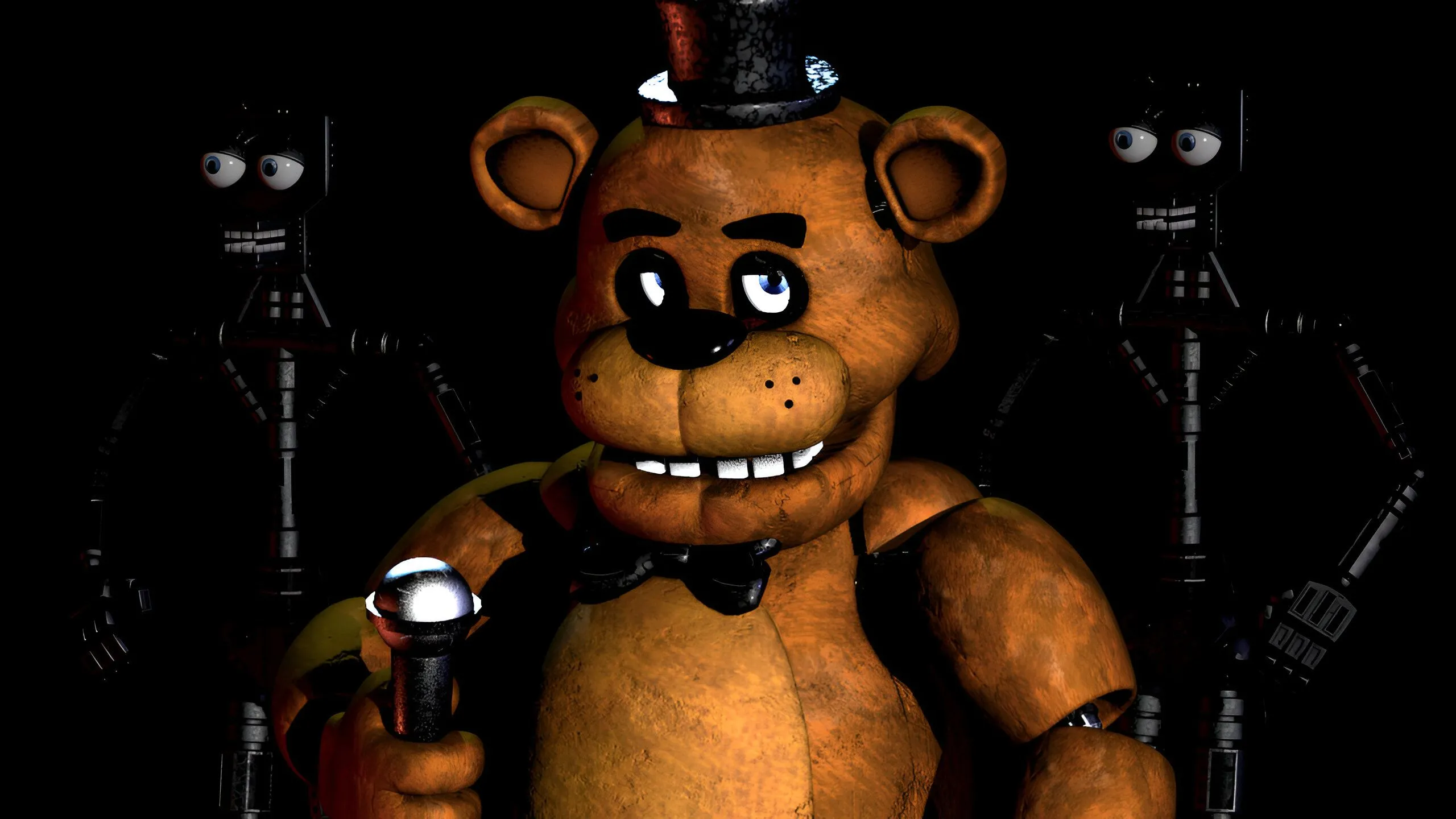 Freddy Fazbear với ánh mắt u ám trong Five Nights at Freddy's, biểu tượng jump scare và lore u ám của quán pizza bị ám