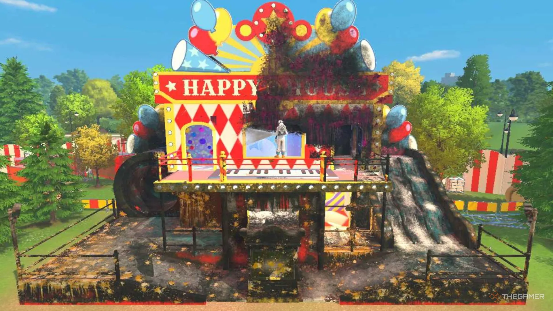 Fun house với ban công và góc khó tiếp cận trong PowerWash Simulator 2