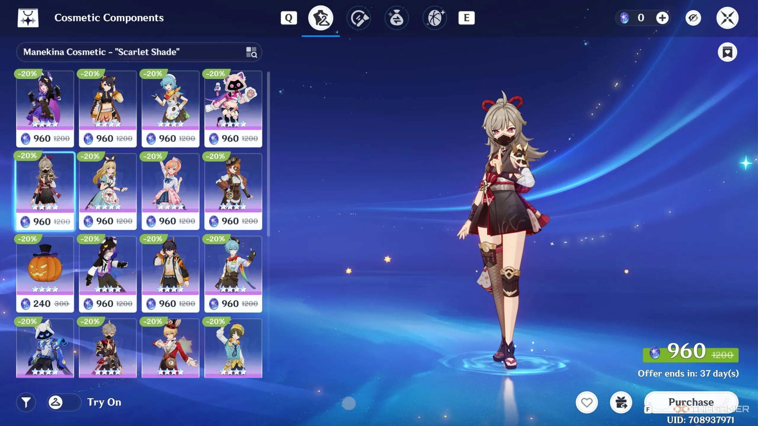 Gian hàng trang phục Miliastra với các mục Cosmetic Components để đổi bằng Chronal Nexus