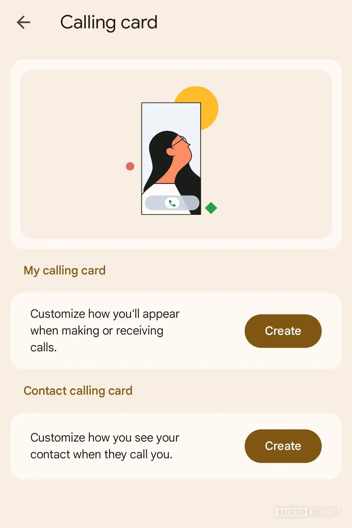 Giao diện cài đặt Calling Card trên ứng dụng Điện thoại Google, hiển thị tùy chọn tạo thẻ cá nhân