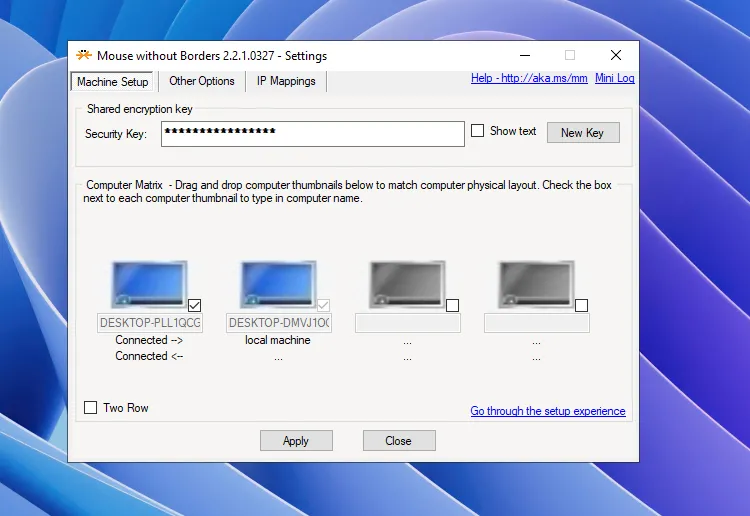 Giao diện cài đặt chính của Mouse Without Borders với các tuỳ chọn điều khiển chuột phím