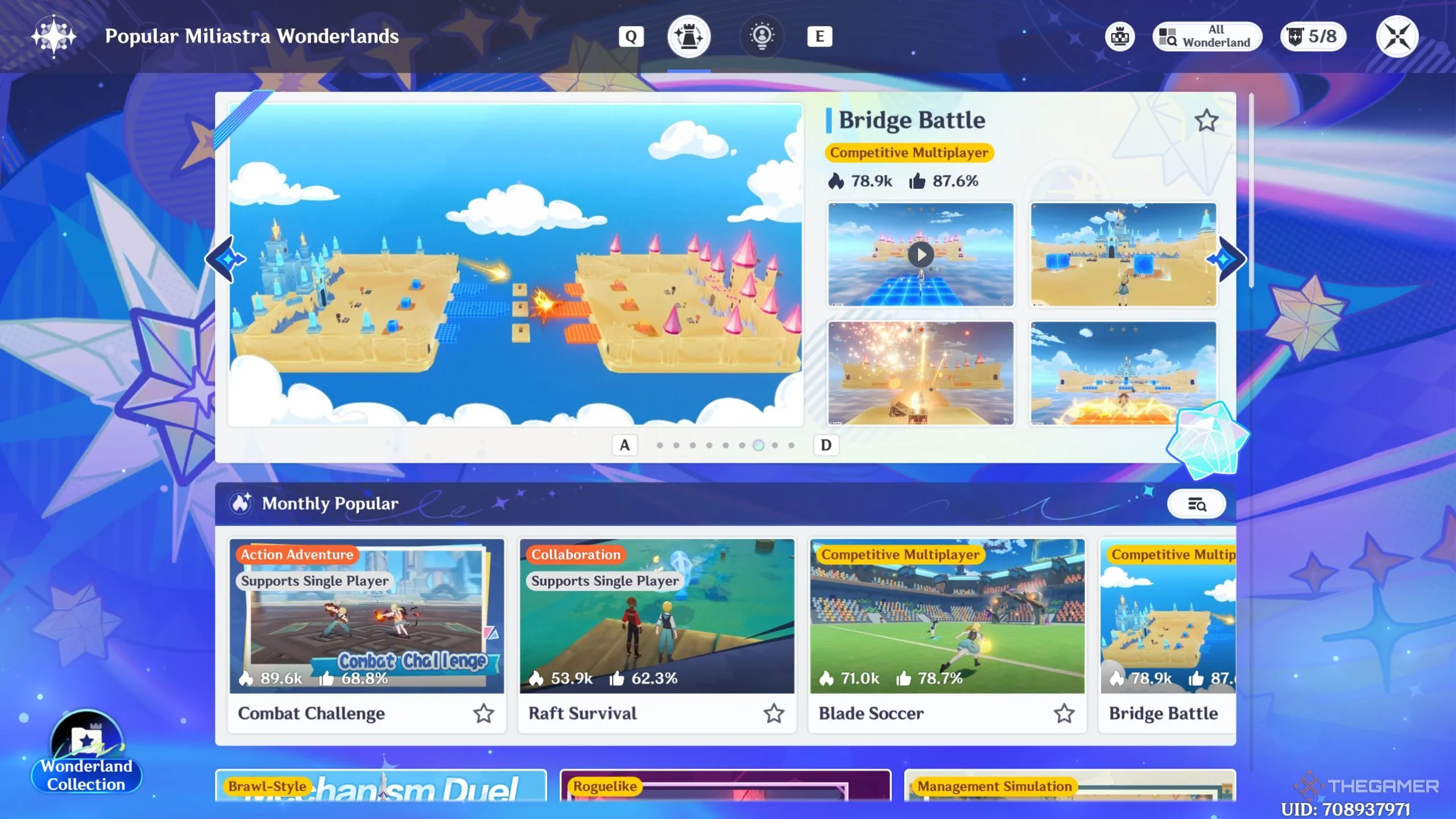 Giao diện chơi Miliastra Wonderland trong Genshin Impact, danh sách game và lobby.