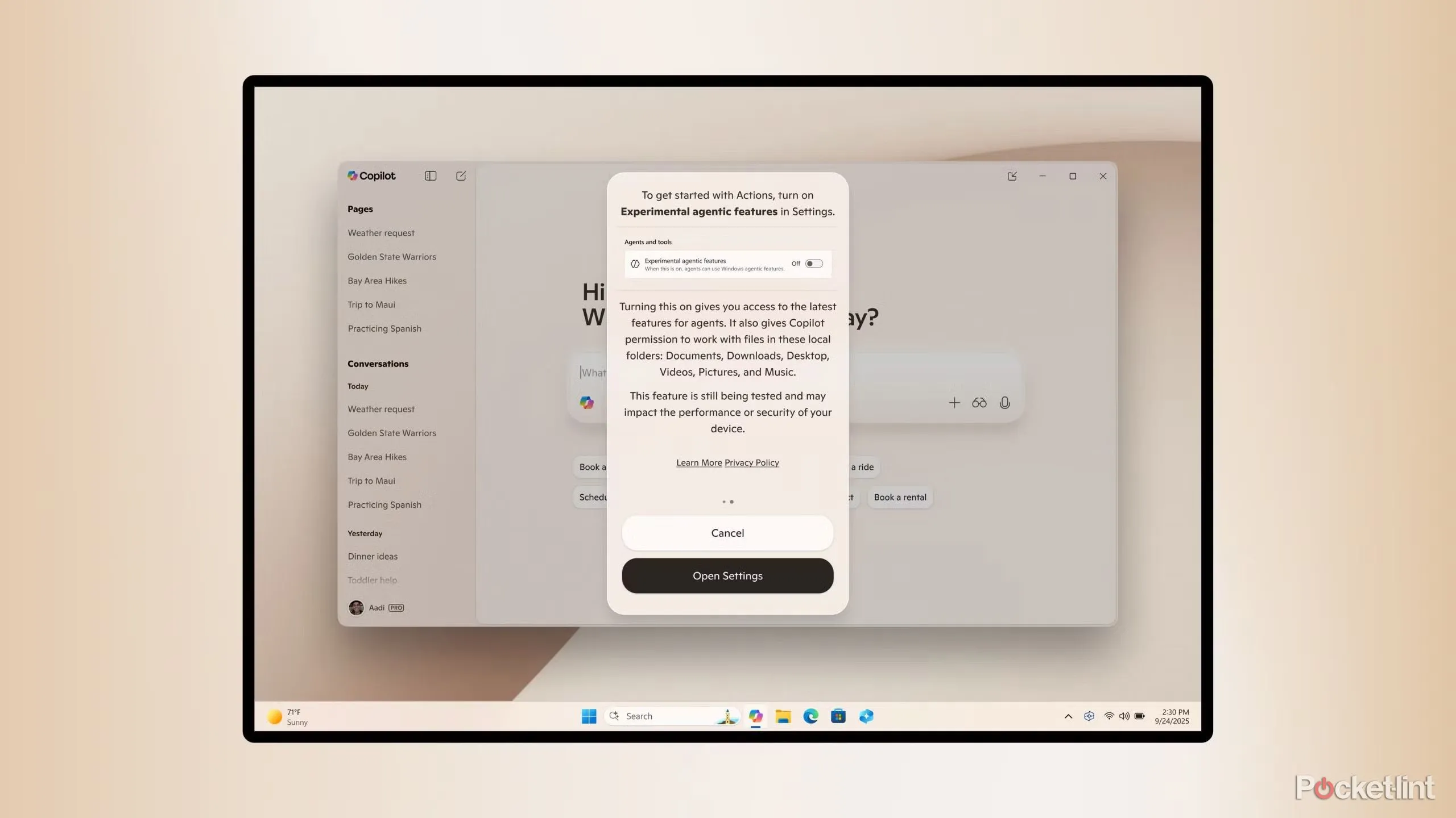 Giao diện Copilot trong Windows 11 với các đề xuất hành động nhanh