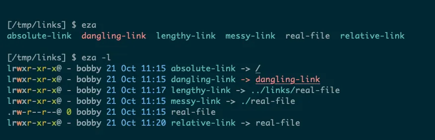 Giao diện eza hiển thị symlink hỏng với màu khác biệt trên Linux