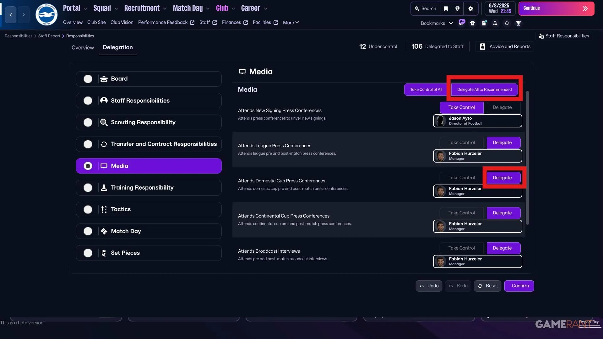 Giao diện FM26 phân quyền truyền thông với nút Delegate màu tím