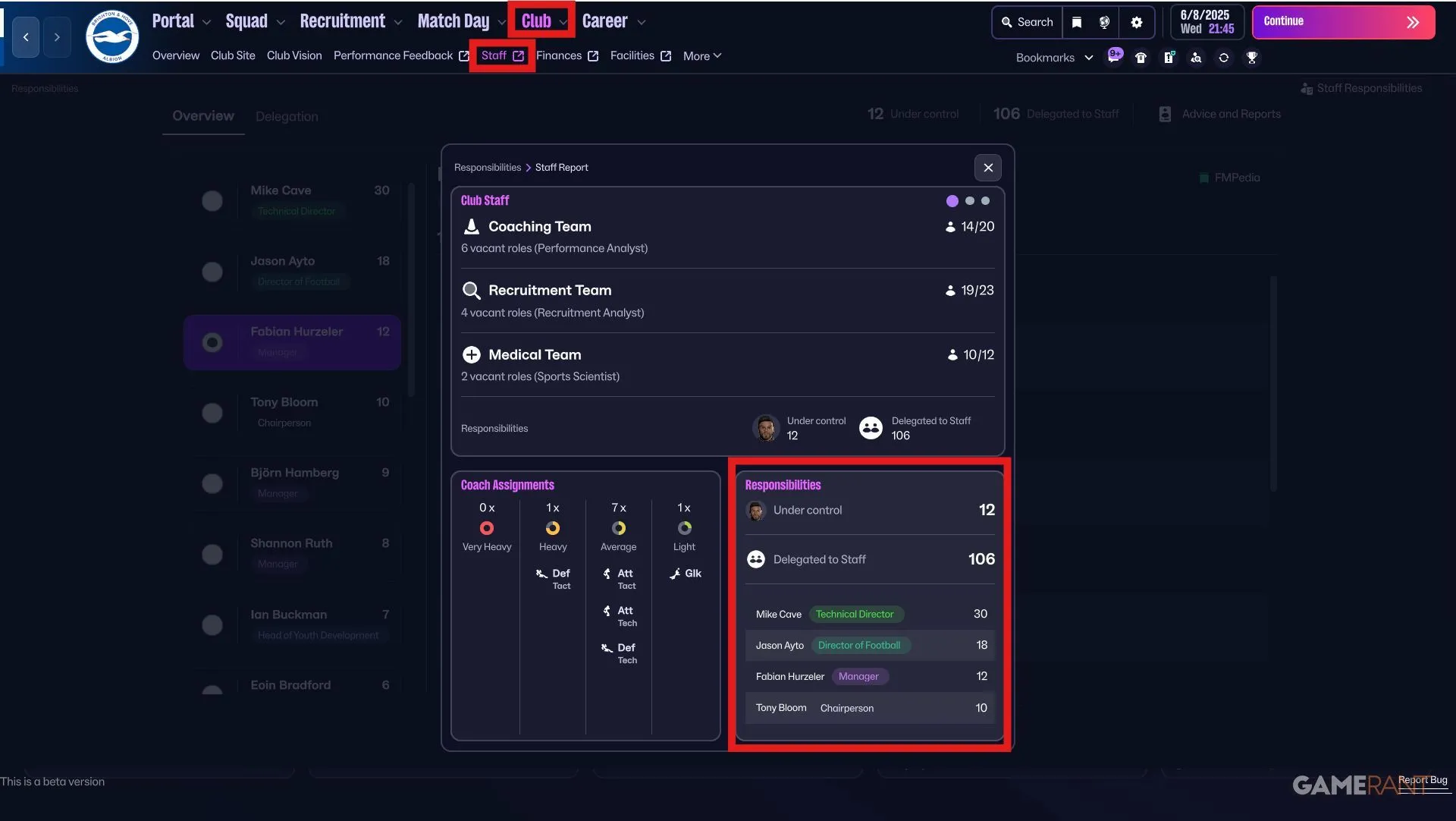 Giao diện Football Manager 26 hiển thị vị trí menu Delegation trong mục Club > Staff