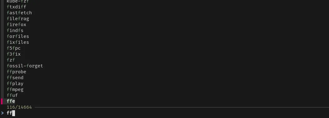 Giao diện fzf liệt kê các lệnh từ cheat.sh, phần nhập có ký tự &quot;FF&quot; để lọc các lệnh bắt đầu bằng FF