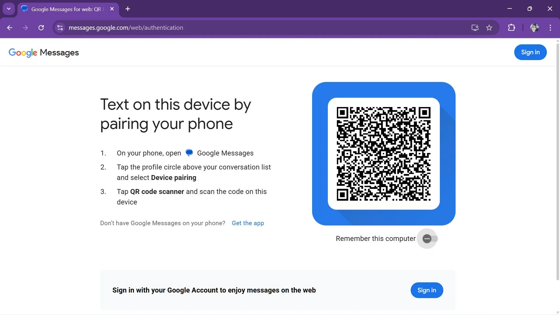 Giao diện ghép đôi Google Messages trên web với tùy chọn đăng nhập và mã QR để quét bằng điện thoại