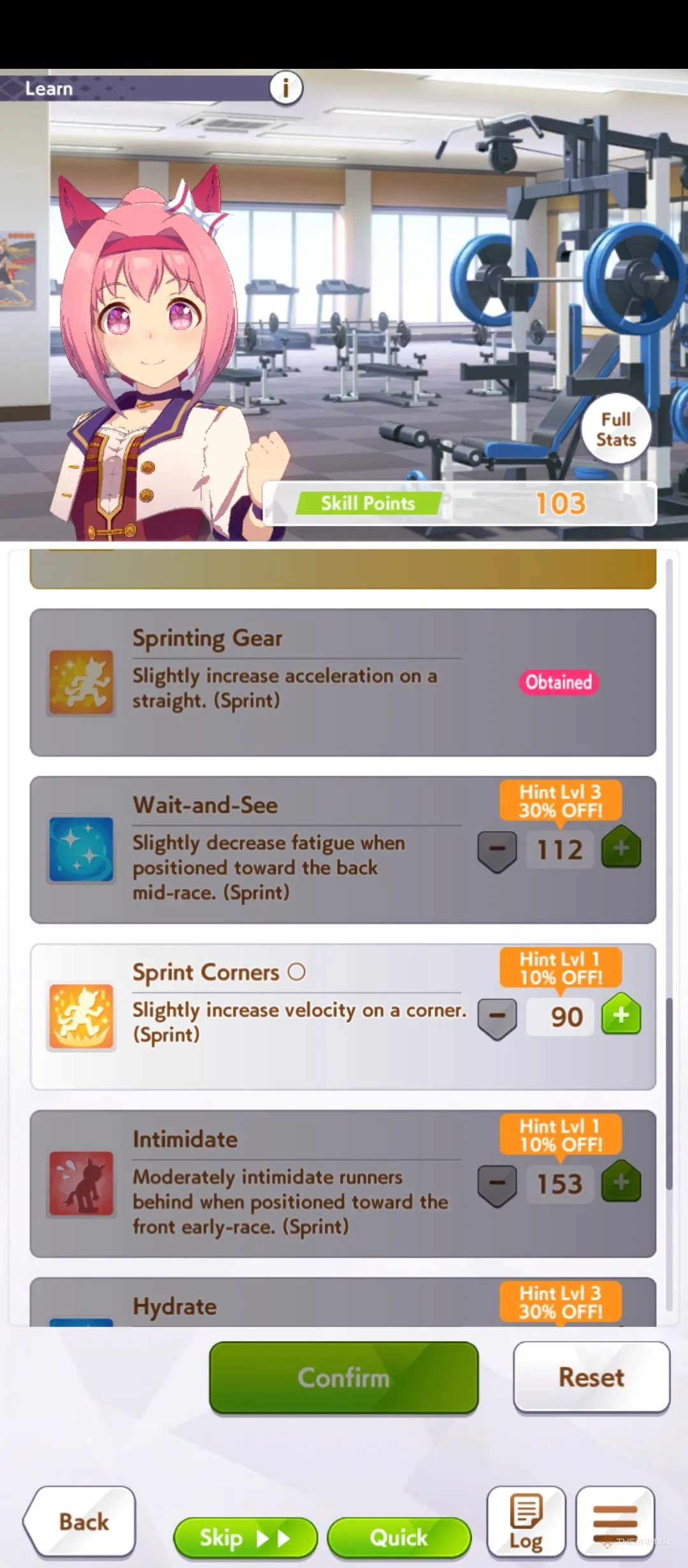 Giao diện kỹ năng Haru Urara, minh họa các skill Sprint và Late Surger