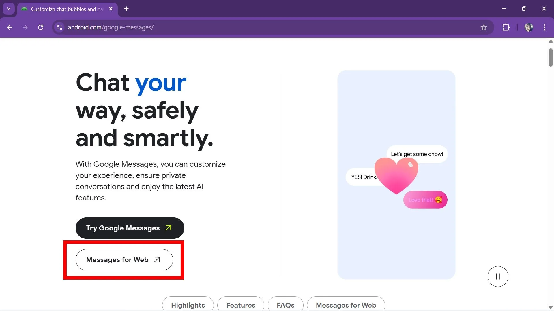 Giao diện Messages for Web hiển thị nút Messages for Web trên trang messages.google.com