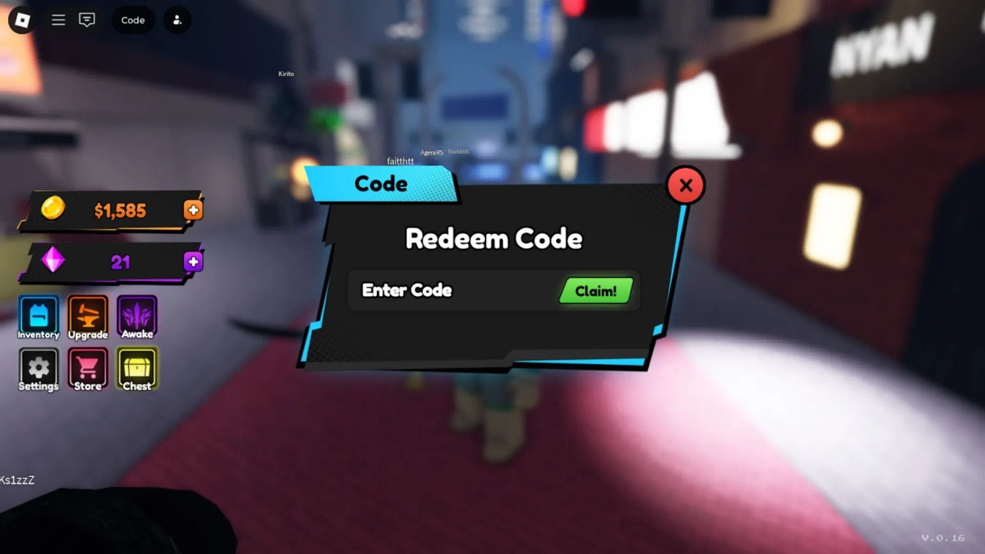 Giao diện nhập mã trong Blade X Zombies, ô nhập code và nút Claim rõ ràng