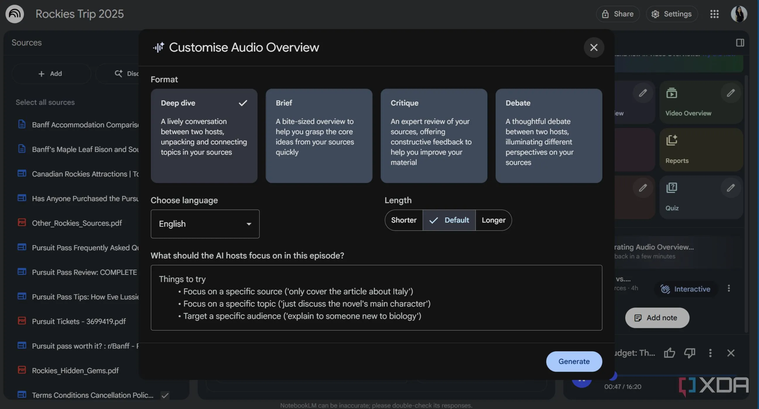 Giao diện NotebookLM với tùy chọn audio overview cho bản tóm tắt nghiên cứu du lịch