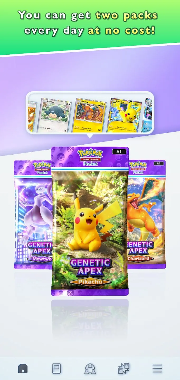 Giao diện Pokemon TCG Pocket hiển thị bộ sưu tập và booster — ảnh minh họa nơi lỗi hiển thị xảy ra.