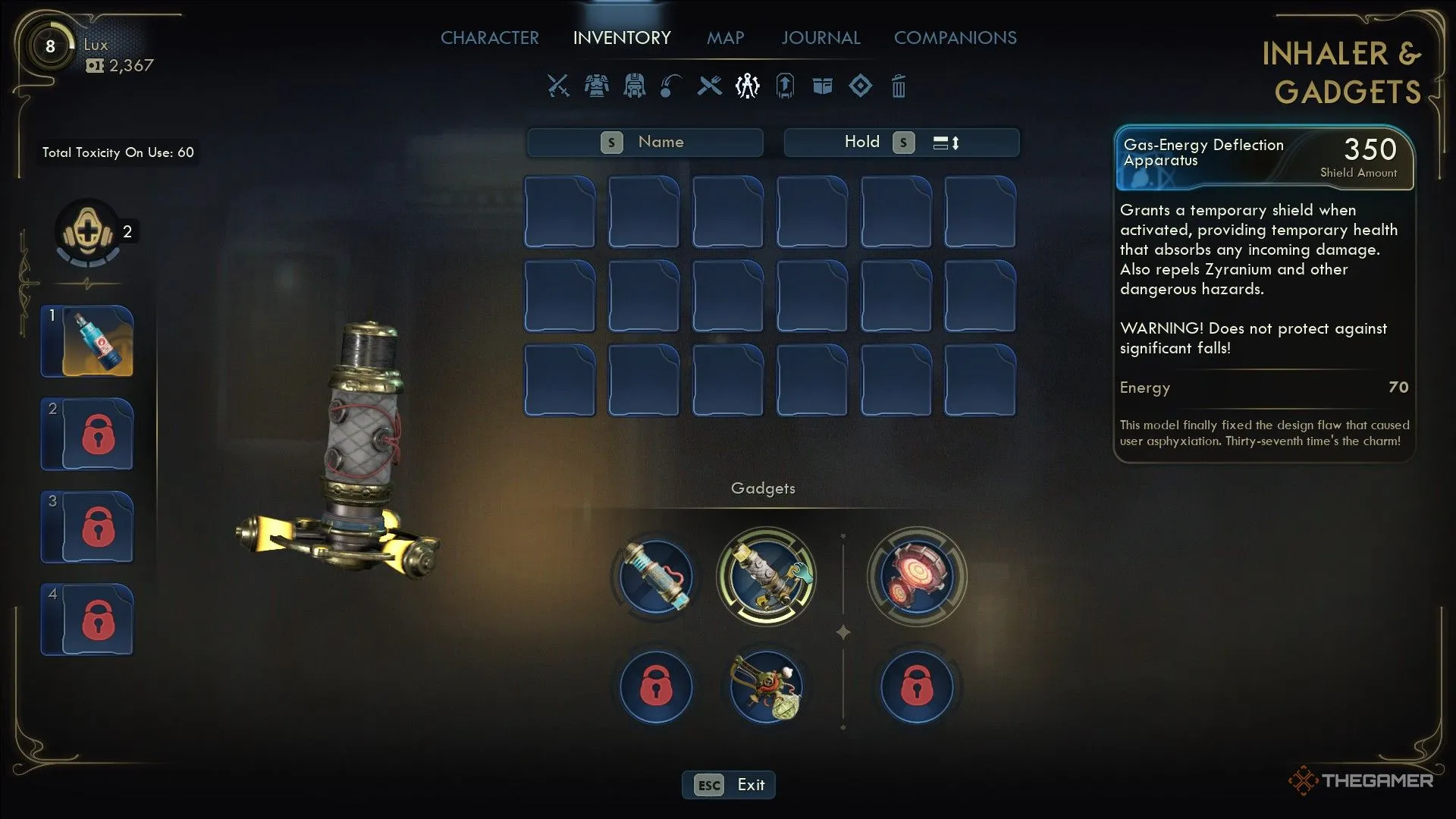 Giao diện quản lý Gadget trong menu, hiển thị Gas-Energy Deflection Apparatus và các lựa chọn trang bị