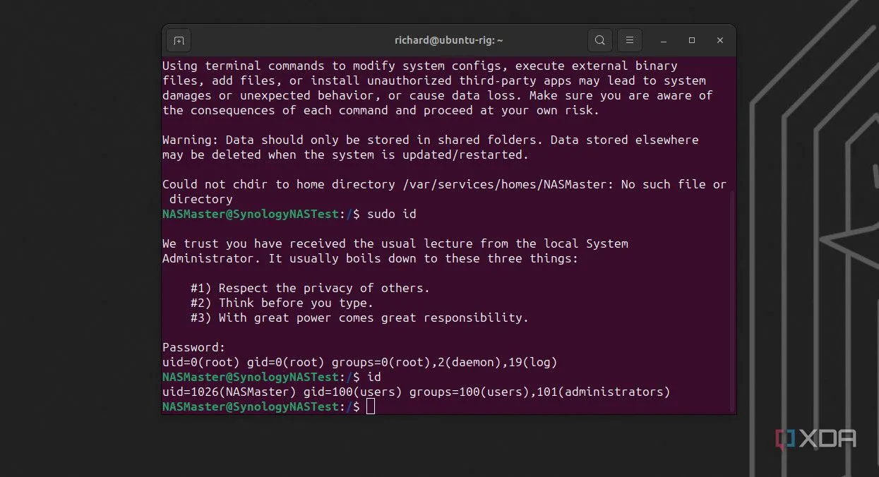 Giao diện SSH vào NAS Synology, ví dụ thiết bị Linux dùng Netmiko để quản trị từ xa