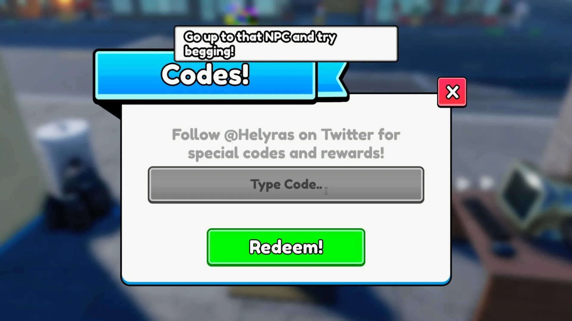 Giao diện tab Codes trong Be a Beggar, nơi nhập mã nhận phần thưởng