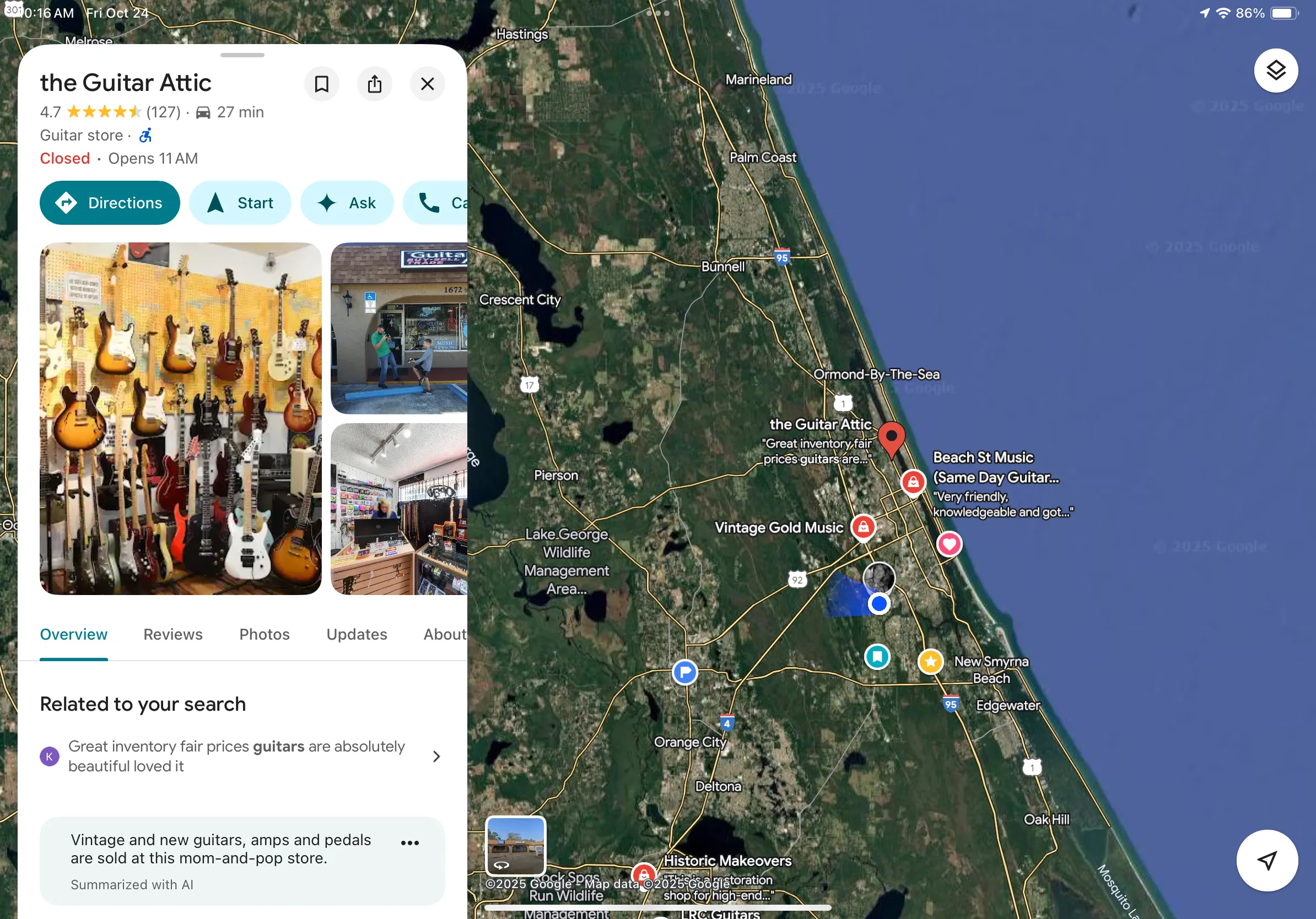 Google Maps hiển thị thông tin doanh nghiệp của một cửa hàng bán đàn ở Florida