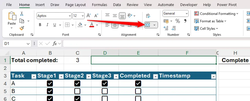 Gộp ô để tạo ô dài làm thanh tiến độ cho bảng Excel