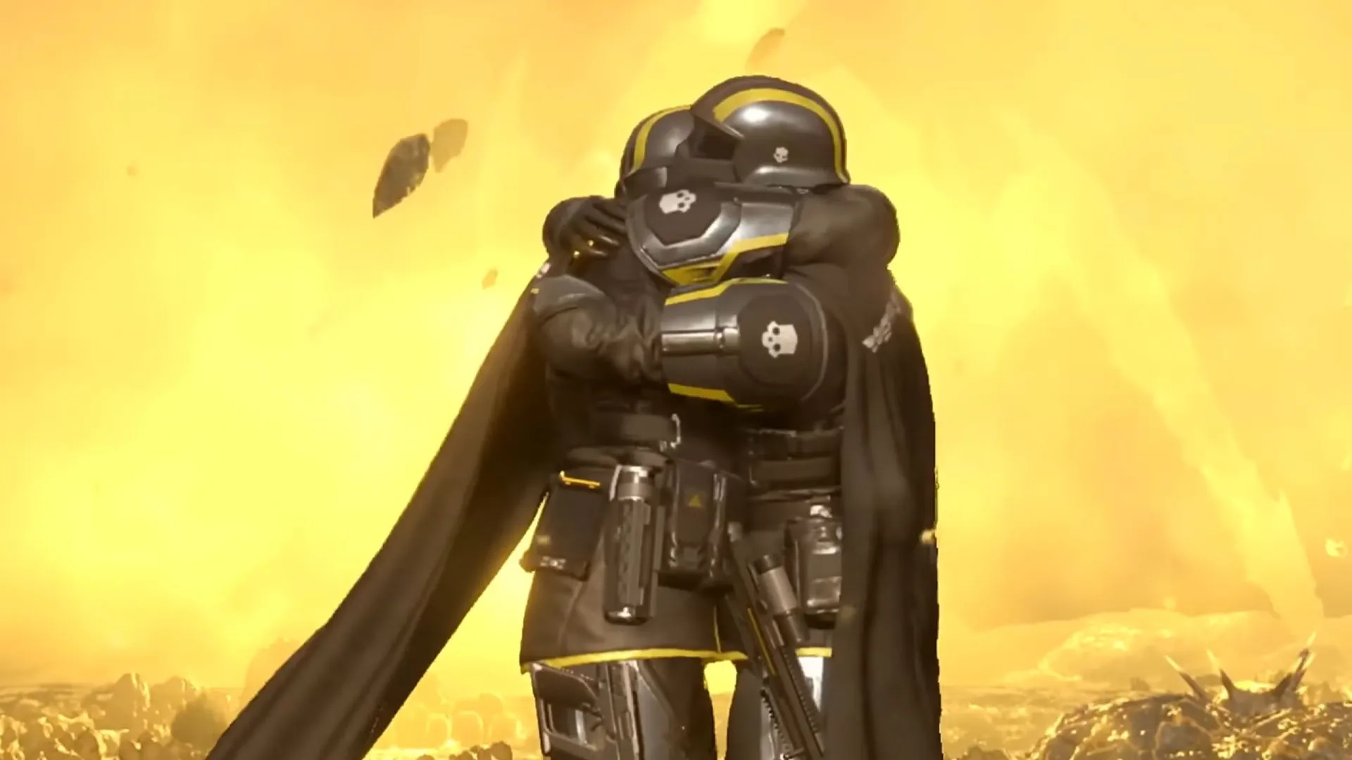 Hai nhân vật Helldivers ôm nhau trước bầu trời cam, minh họa trải nghiệm PvE cộng đồng của Helldivers 2