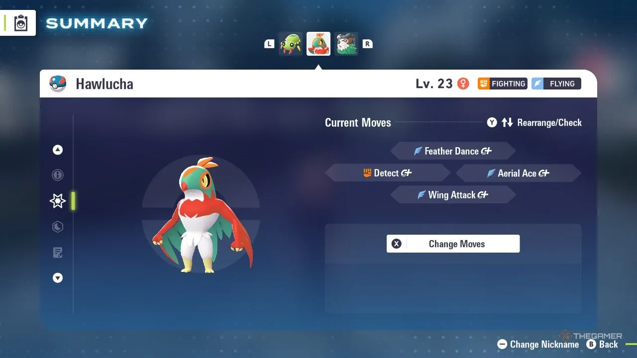 Hawlucha trong menu Pokemon Legends Z-A, dáng võ sĩ sẵn sàng lao vào đánh nhanh rút gọn