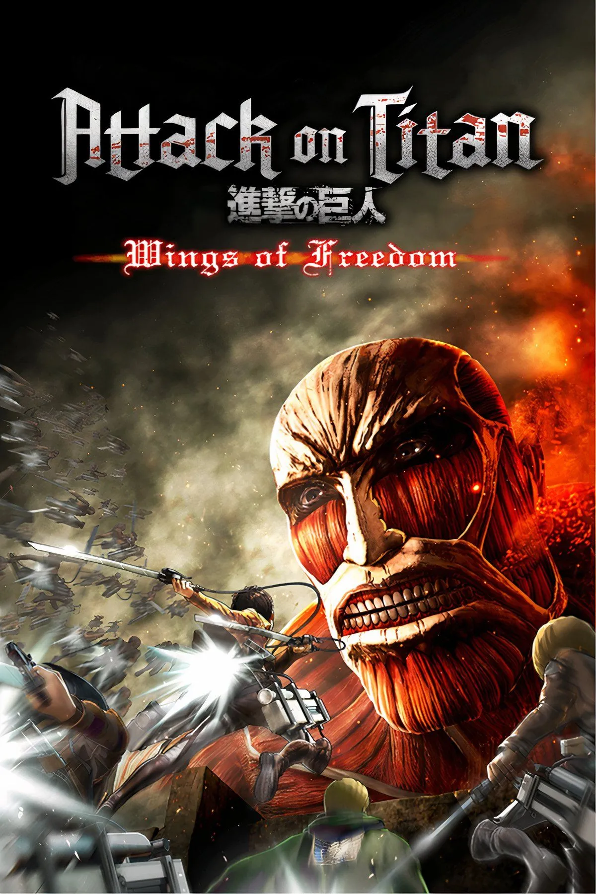 Hình Attack on Titan (2016) thể hiện lính do thám bay bằng dây móc giữa các tòa nhà lớn