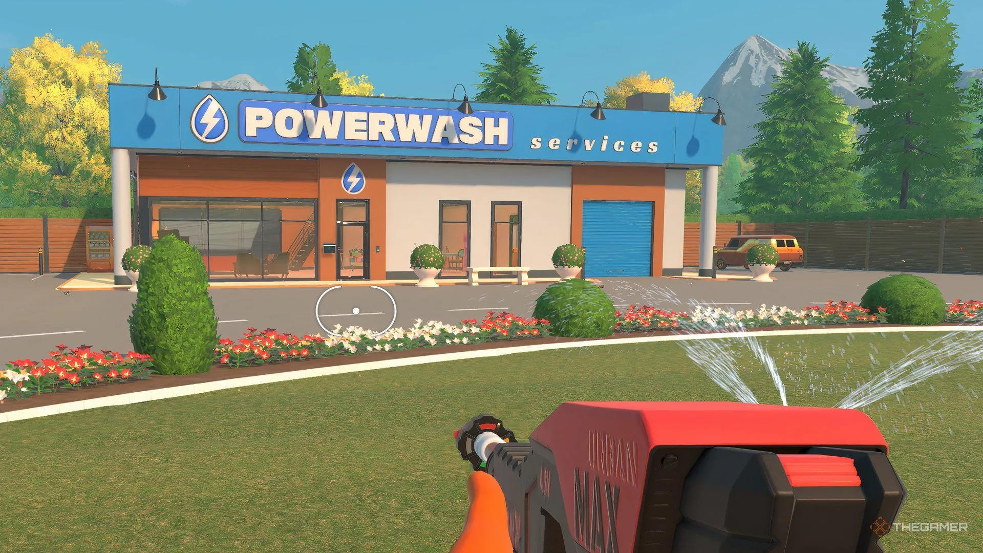 Home base với chiếc van được tùy chỉnh họa tiết lửa trong PowerWash Simulator 2