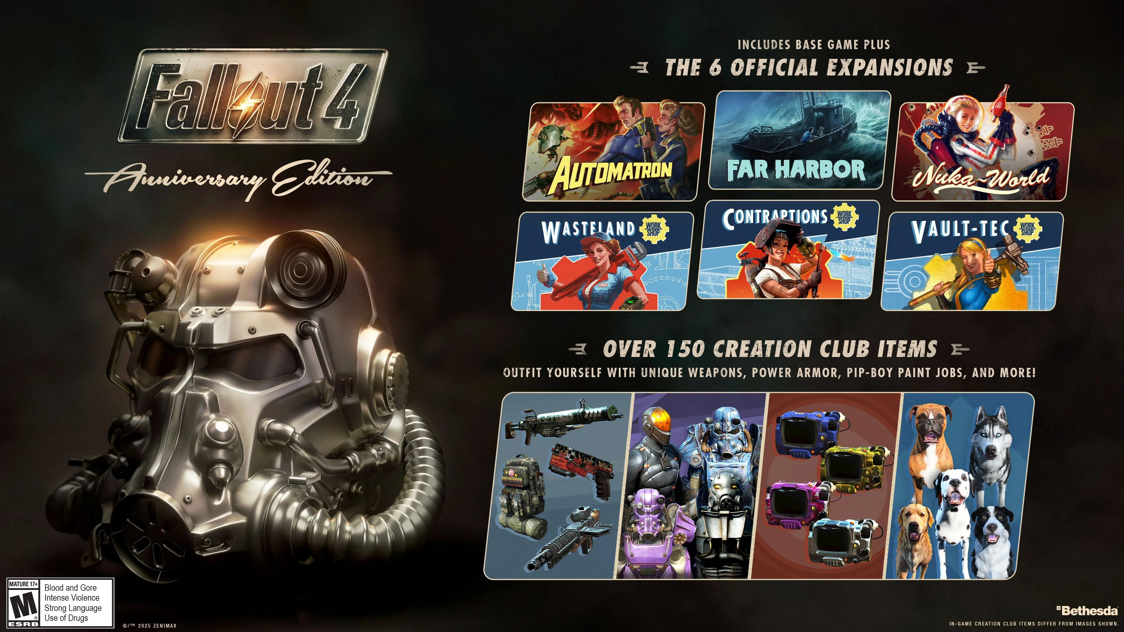 Hộp nội dung Anniversary Edition của Fallout 4, hiển thị Creation Club và DLC đi kèm