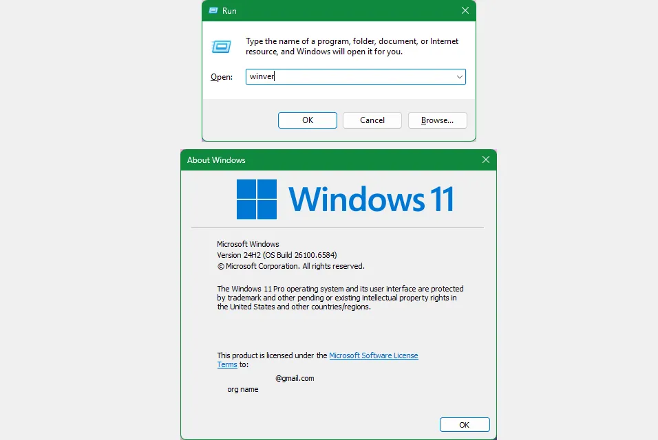 Hộp thoại Winver và ví dụ các lệnh Run hữu dụng cho kiểm tra phiên bản Windows và mở công cụ hệ thống