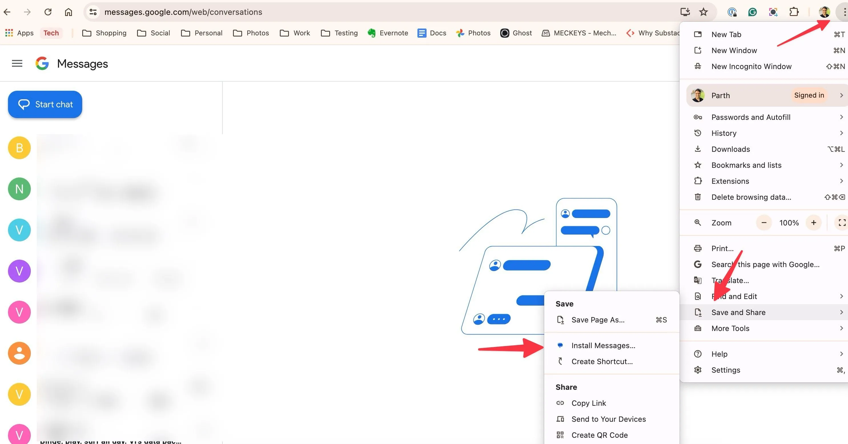Hướng dẫn lưu Google Messages dưới dạng web app qua menu Chrome để cài đặt trên máy tính