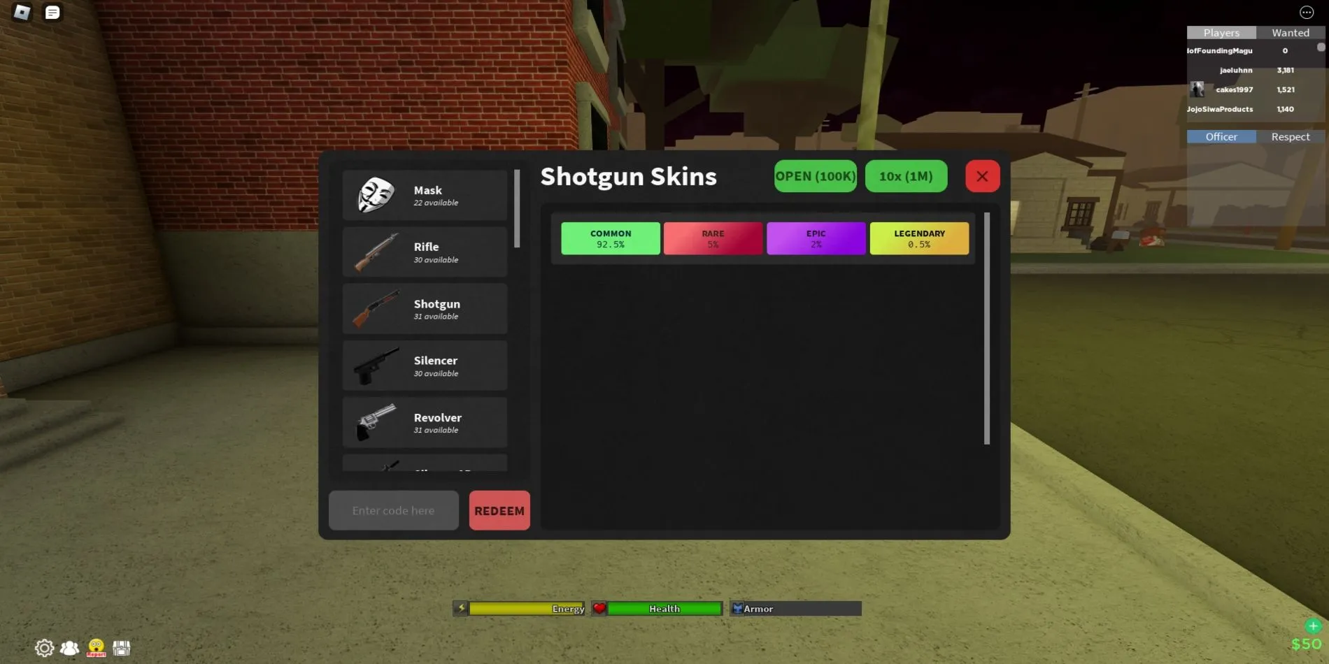 Hướng dẫn nhập code Da Hood — giao diện Treasure Chest để nhập mã