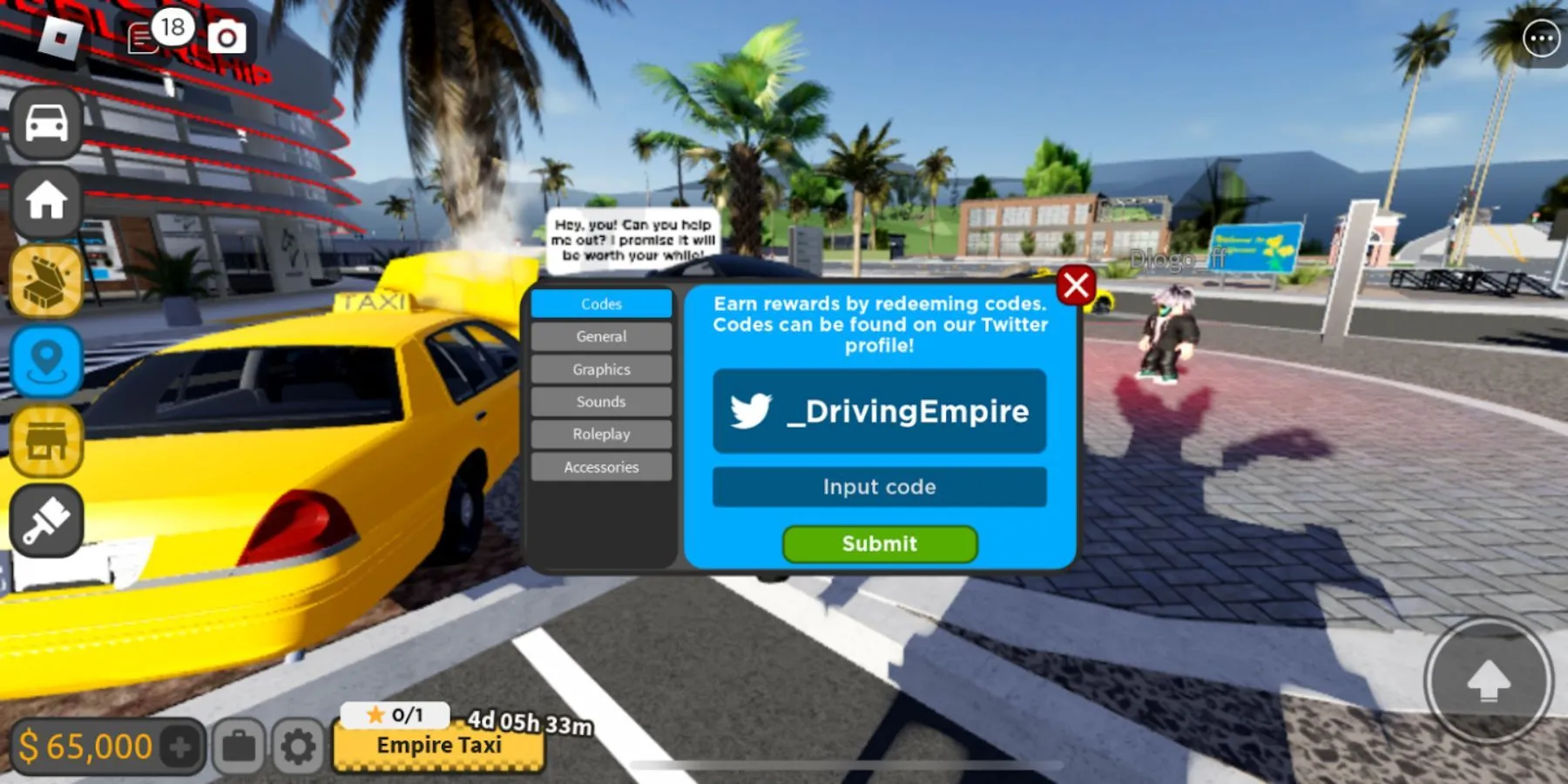 Hướng dẫn nhập mã trong Driving Empire: vào Settings → Codes → Paste code