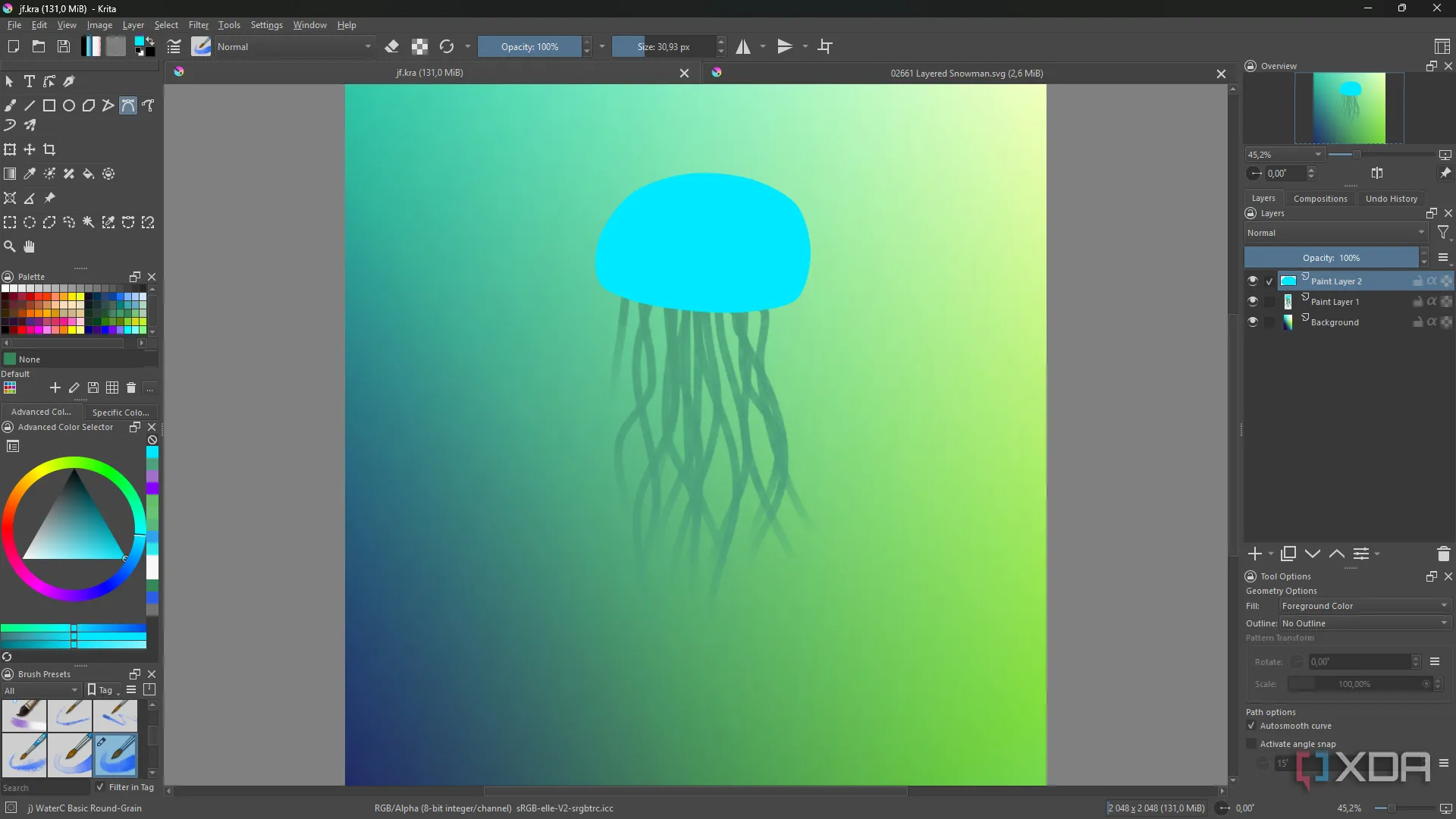 Jellyfish minh họa layer và xử lý màu không phá hủy trong Krita