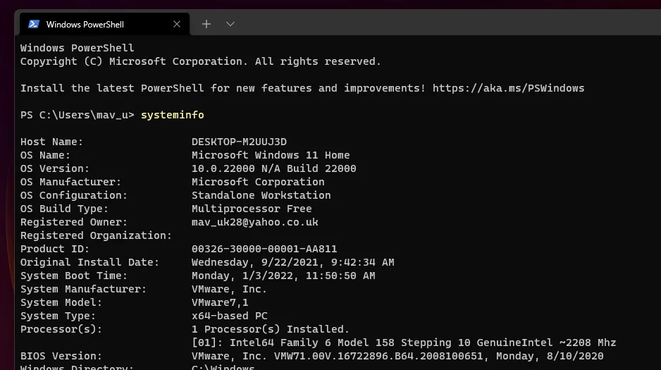 Kết quả lệnh systeminfo và cách hiển thị nhanh thông tin phần cứng bằng fastfetch trên Windows Terminal