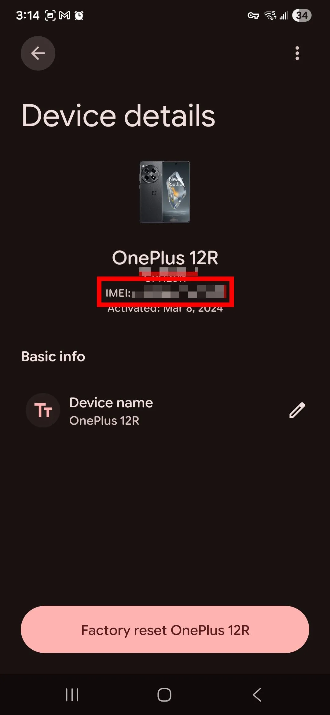 Khung đỏ khoanh vùng IMEI hiển thị trong app Google Find Hub