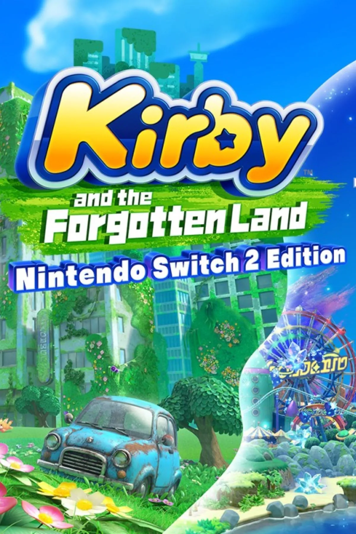 Kirby and the Forgotten Land - Switch 2 Edition với cảnh game nền băng và Kirby biến hình kỳ quặc