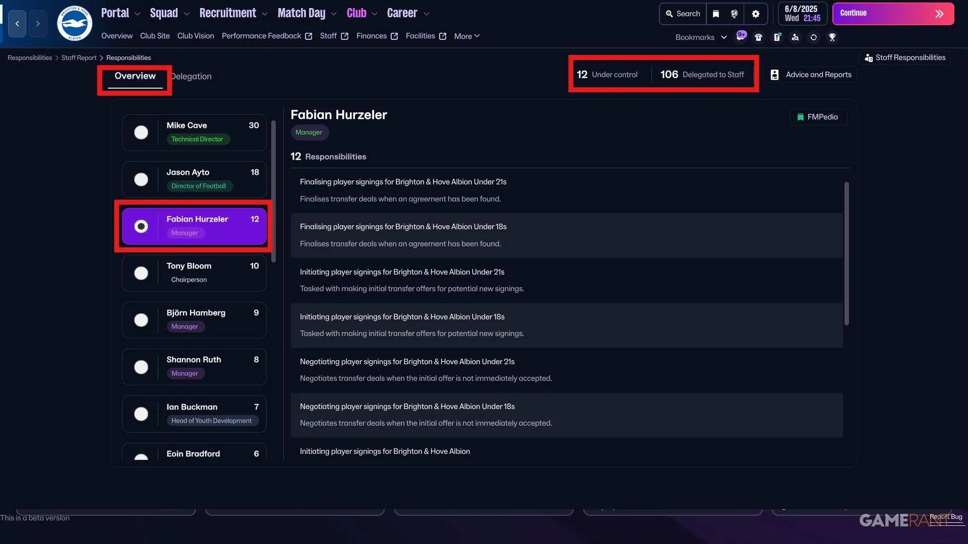 Màn hình tổng quan Delegations hiển thị X Under Control và X Delegated to Staff