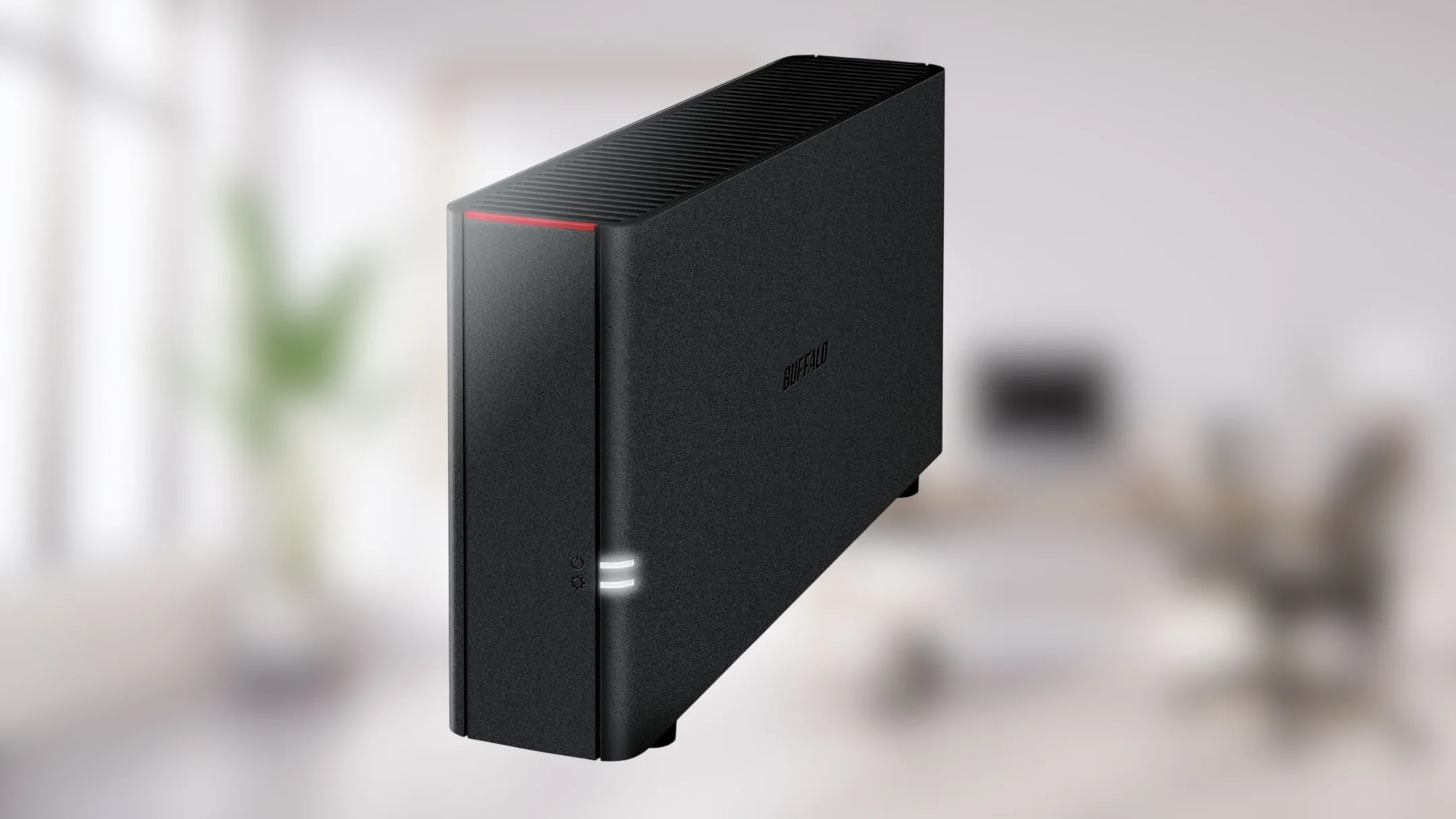Mặt sau Buffalo LinkStation 210 thể hiện cổng USB mở rộng và kết nối mạng cho gia đình