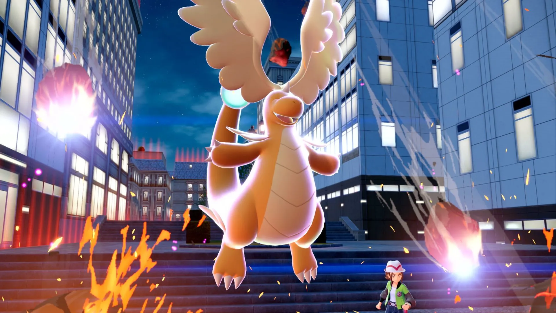 Mega Dragonite thi triển Draco Meteor trong Pokemon Legends: Z-A, dáng dấp rồng mạnh mẽ