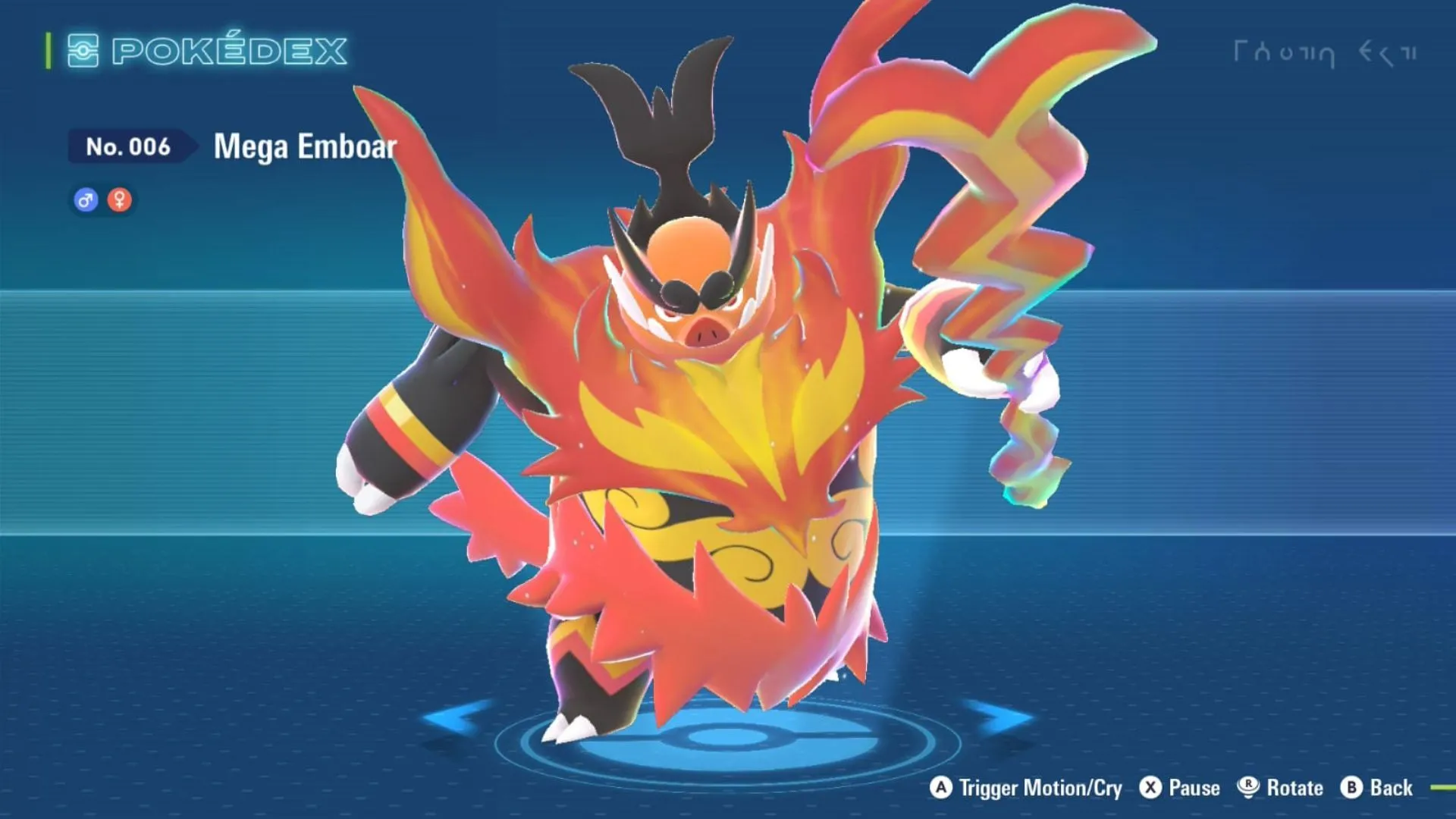 Mega Emboar trong Pokemon Legends: Z-A, Emboar cầm giáo lửa với bộ giáp nóng bỏng