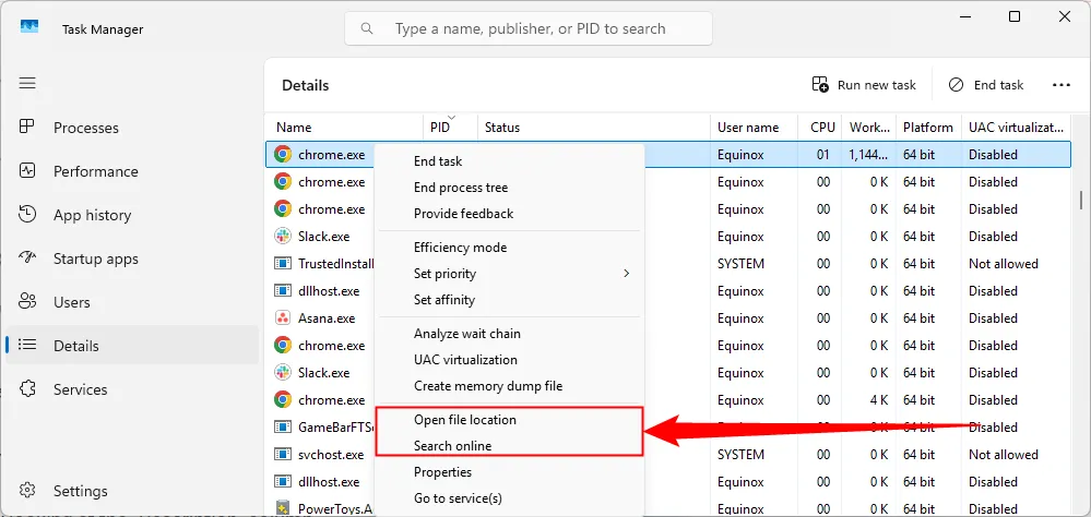 Mở vị trí file hoặc tìm thông tin tiến trình qua Task Manager để xác định ứng dụng chiếm cổng.